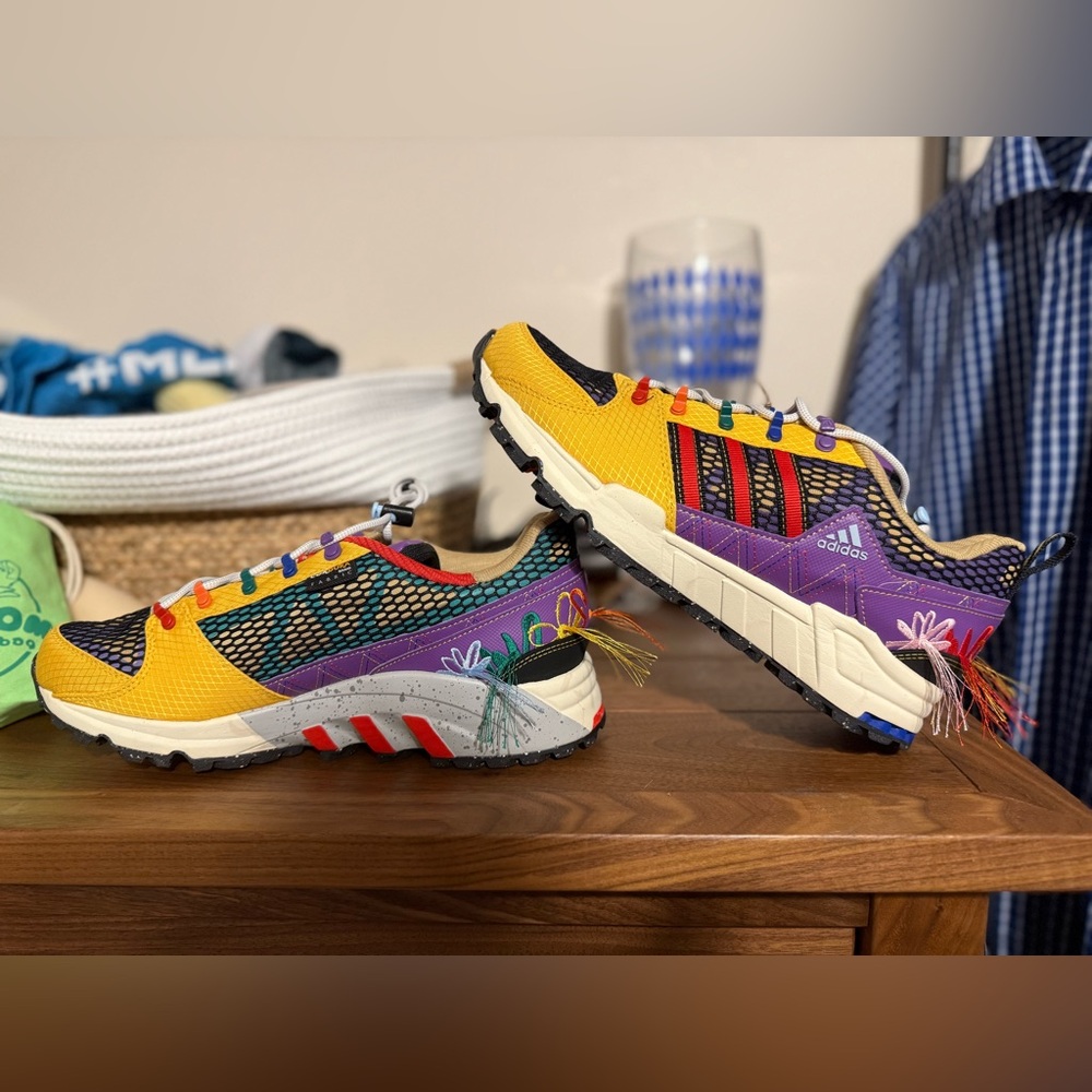 Adidas Yellow and Purple Sneakers with Red Accents